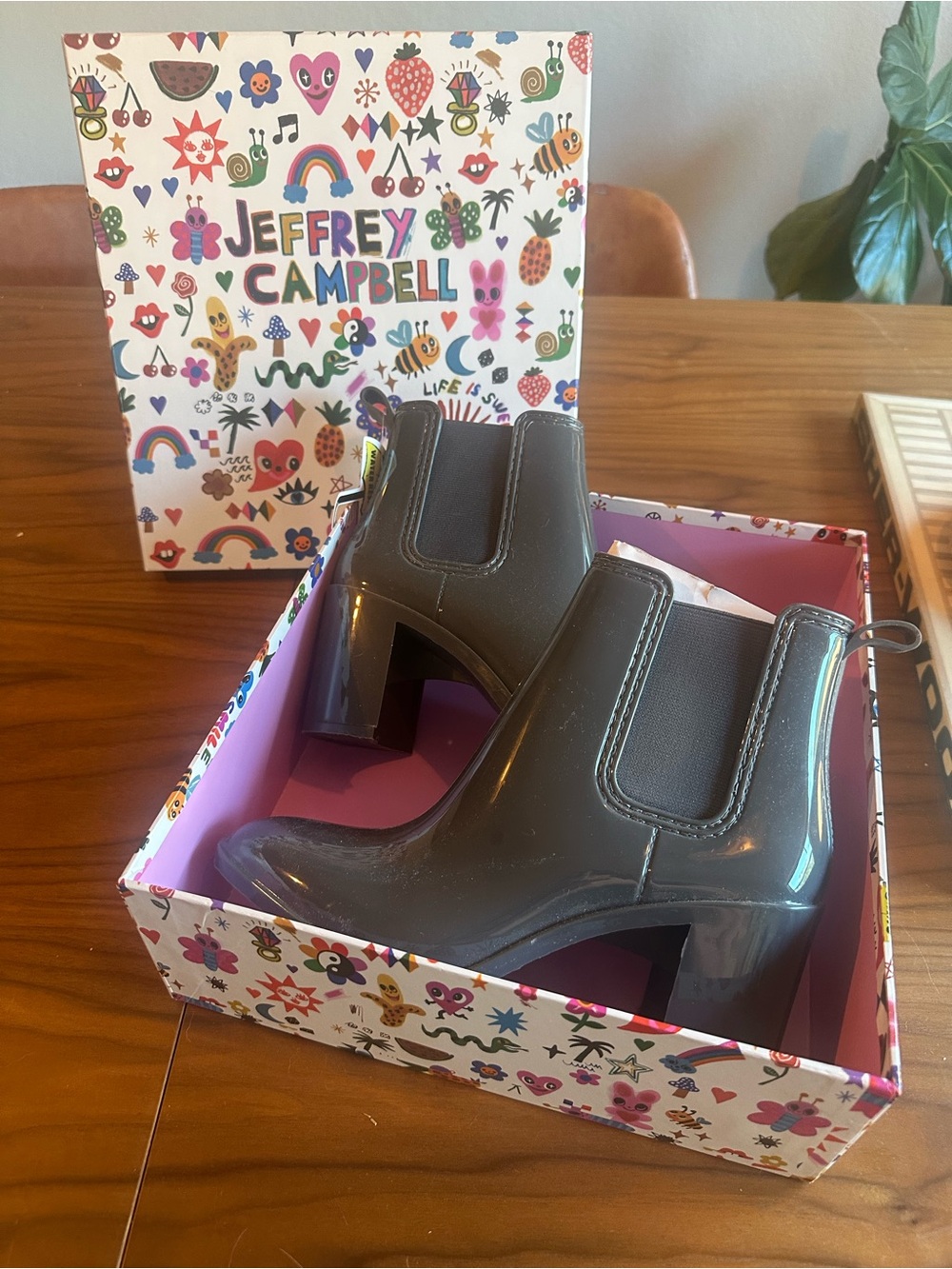 Jeffrey Campbell Glossy Charcoal Chelsea Rain Boots